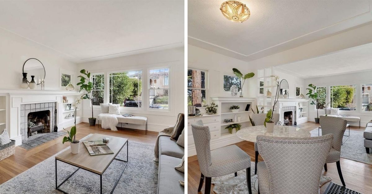 Interior shot of staged living room and dining area in Oakland, CA