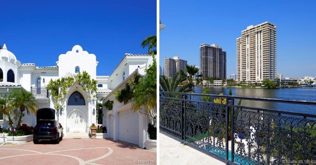 Split image of Santorini style home with porsche parked outfront and Miami waterways with skyscrapers