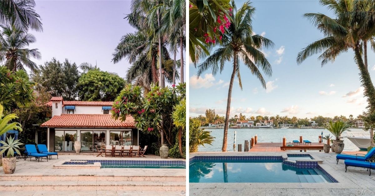 Split image of Mediterranean style house on Miami waterfront with sparkling blue swimming pool and wooden dock out front