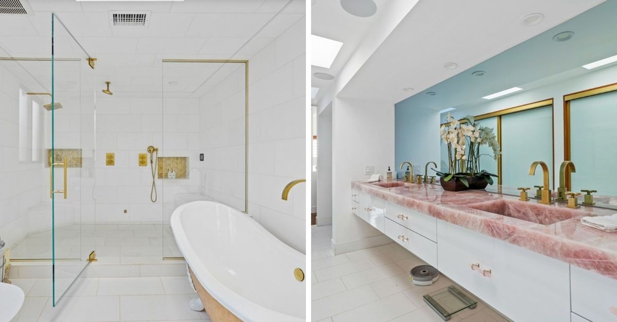 hype house bathroom with pink countertops