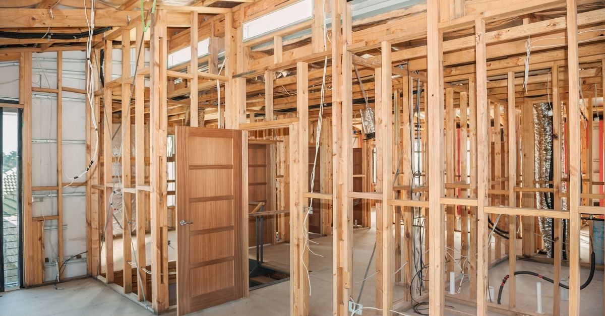 Interior of house being built with framework