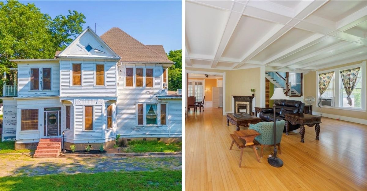 White Queen Anne house with white shiplap walls outside