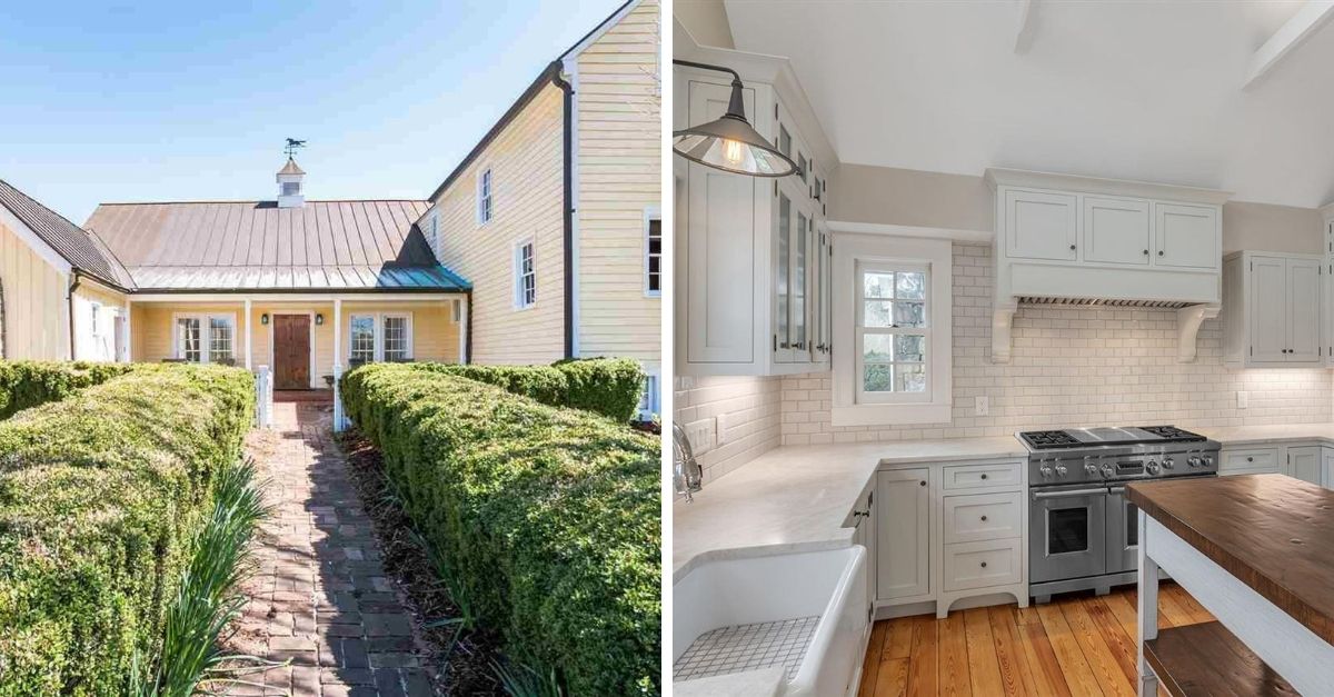 Yellow farmhouse with steel roof and a beautiful chef's style kitchen