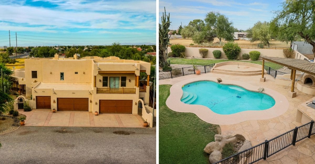 Pueblo style house in Arizona with large blue swimming pool
