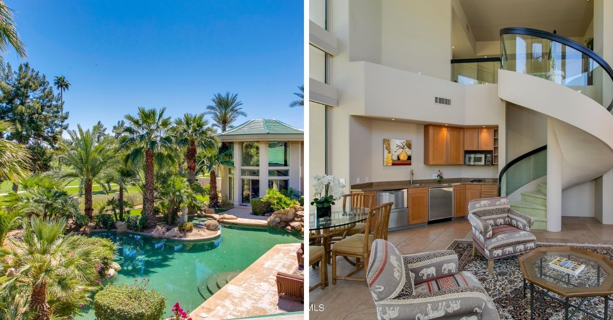 Lush outdoor pool with green waters and a spiral staircase next to a kitchen