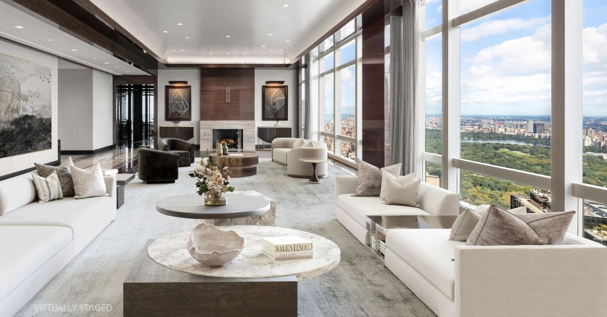 Huge white living room overlooking central park