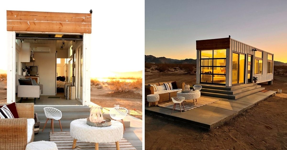 Shipping container tiny home with glass windows