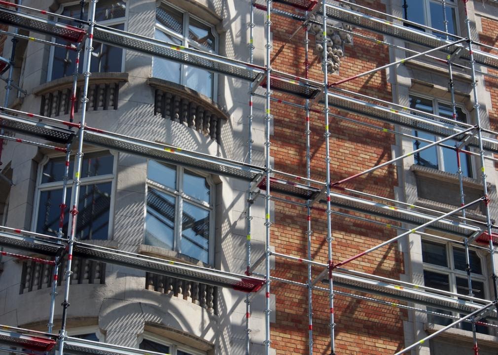 Scaffolding on a brownstone building