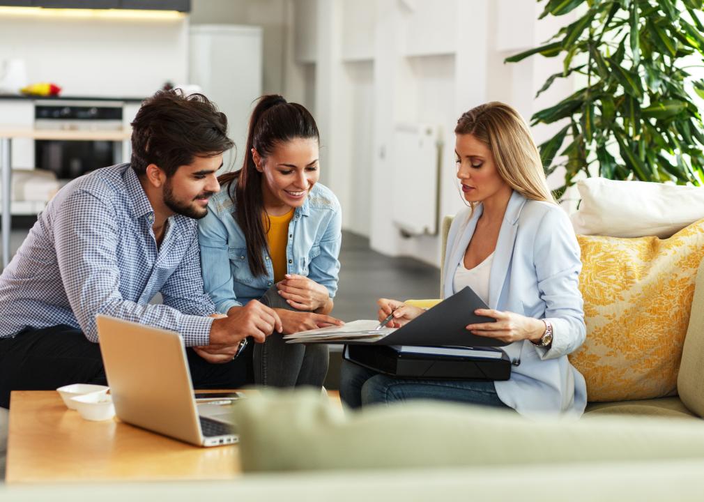 Three people talking