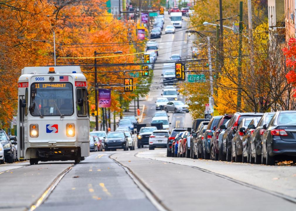 Fall trees lining a busy street with a trolley.