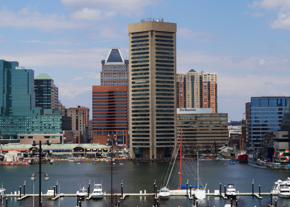 Buildings and boats on waterfront.