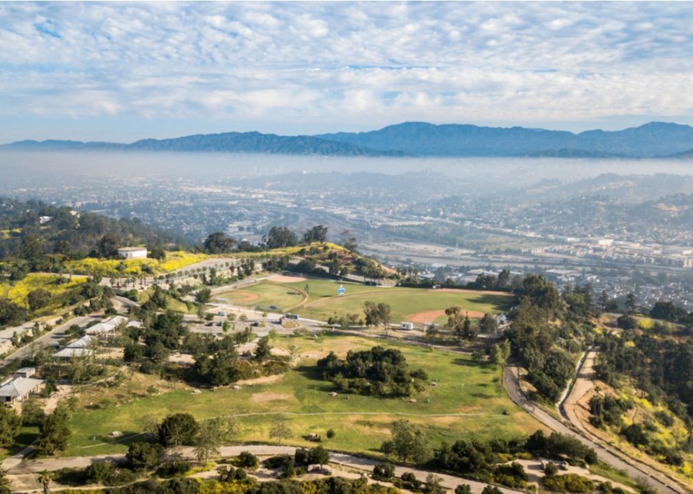 Aerial view of fog over Elysian Park.