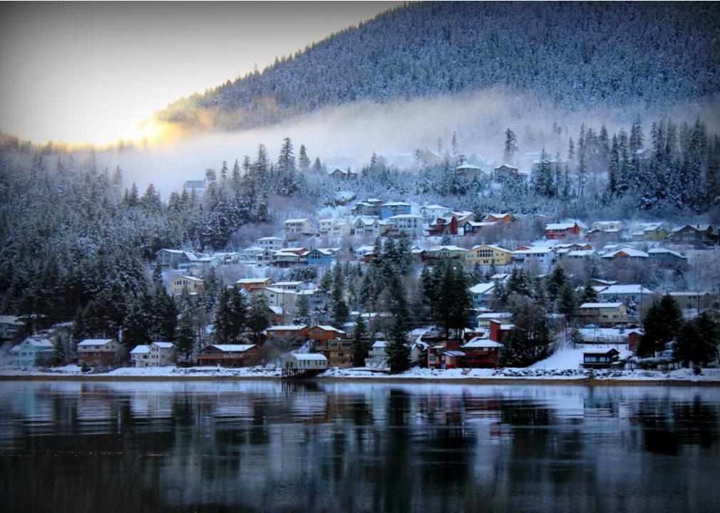 Douglas Island, Alaska homes on the water covered in snow.